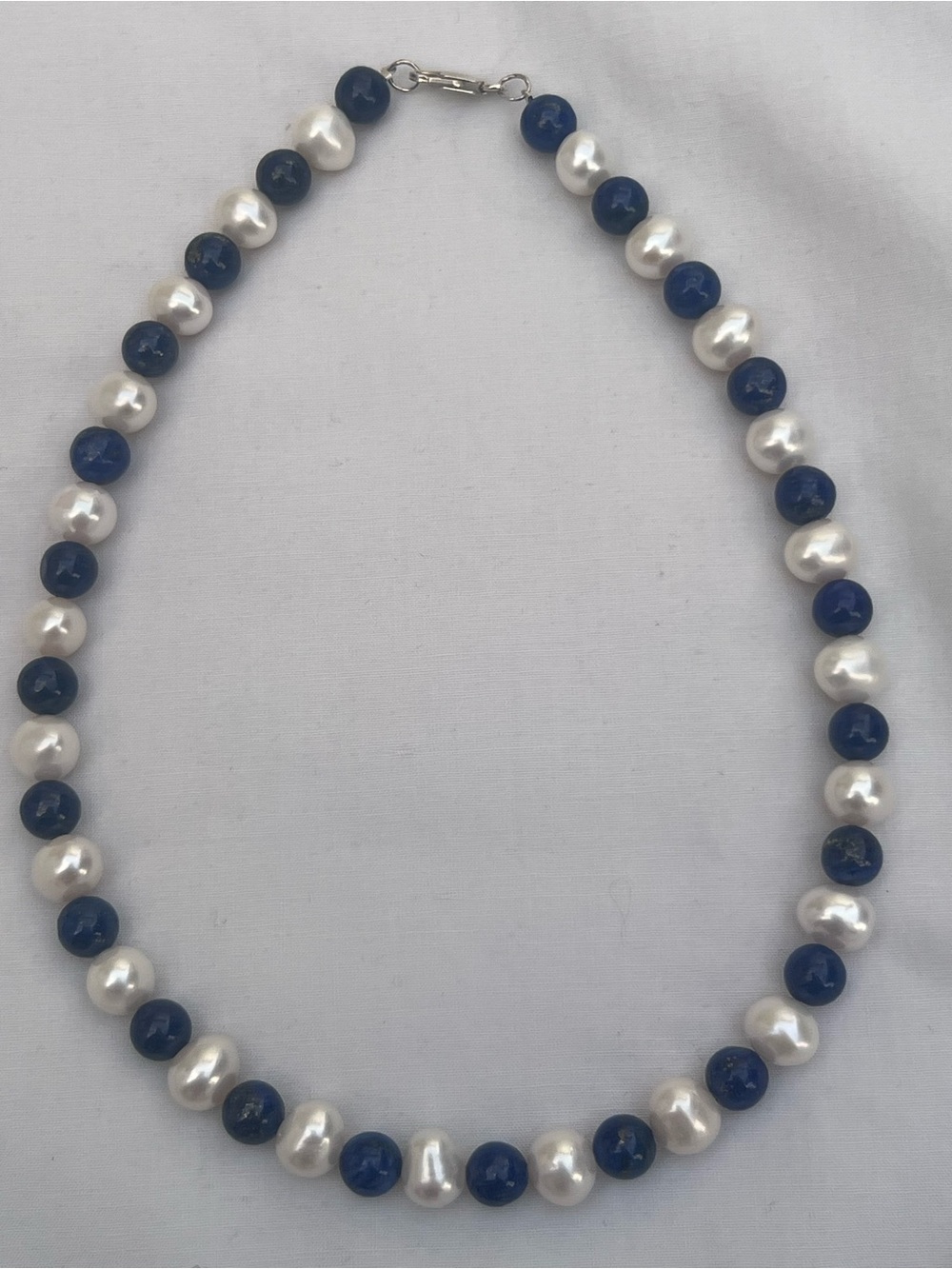 Pearl and blue lapis sterling silver necklace